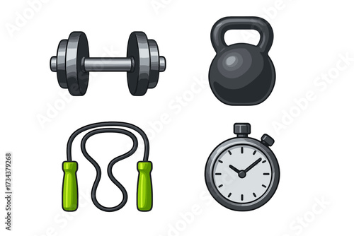 Essential fitness equipment set with dumbbell, kettlebell, jump rope, and stopwatch for home or gym workouts