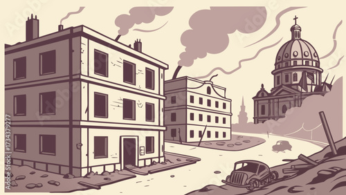 A warravaged cityscape with crumbling buildings, smoke plumes, and abandoned vehicles, capturing the desolation and aftermath of conflict in sepia tones