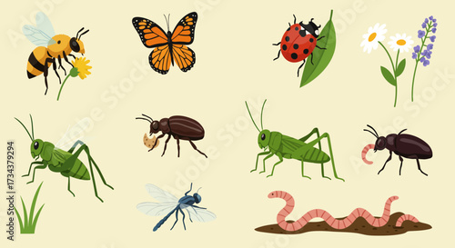 Collection of cartoon insects earthworms and flowers on a pale yellow background