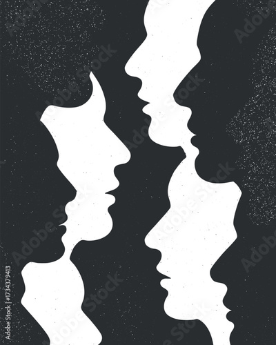 Abstract silhouette artwork depicting profiles of faces in black and white highlighting communication and connection..