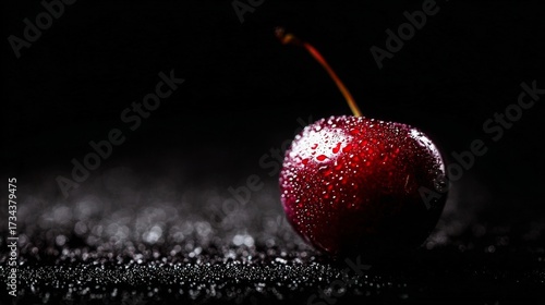 A glossy solitary red cherry with vibrant hue and round shape, set against a black backdrop,