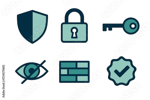 Digital security and privacy icons with shield, padlock, key, invisible eye, firewall, and verified checkmark