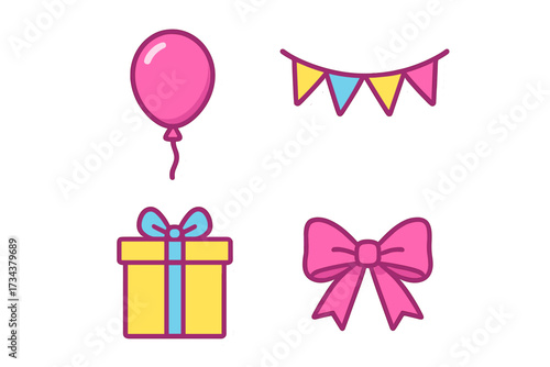 Assortment of vibrant party celebration elements featuring a balloon, gift box, decorative bow, and festive bunting flags