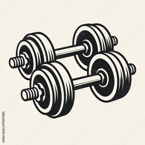 Stylish black and white dumbbells stacked together on a light background