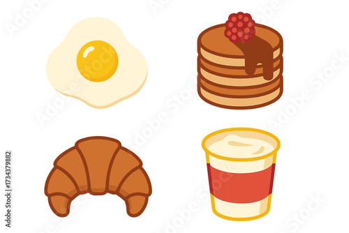 Assortment of delicious breakfast food items including fried egg, stack of pancakes with syrup, fresh croissant, and yogurt cup