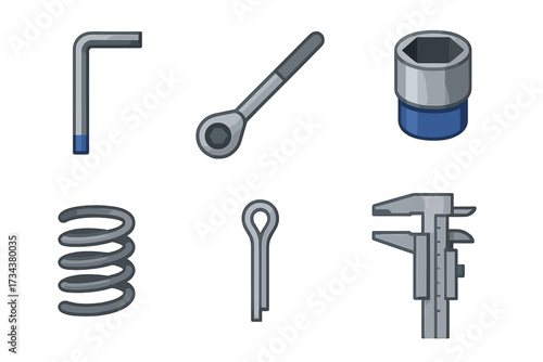 Assortment of essential mechanical tools and hardware components including a hex key, ratchet, socket, spring, cotter pin, and caliper