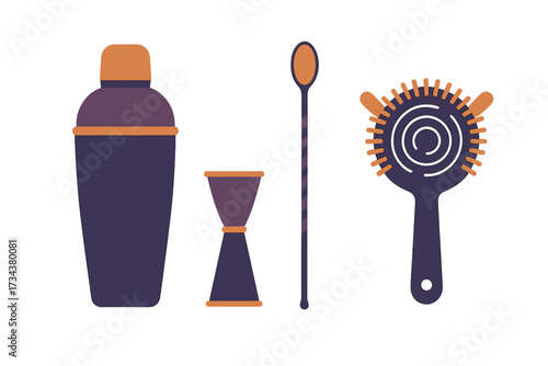 Collection of essential bar tools for professional and home bartending including a cocktail shaker, jigger, bar spoon, and strainer for mixing and serving beverages