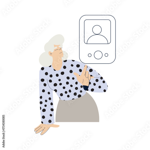 Old Woman Character Use Internet and Modern Gadget Vector Illustration