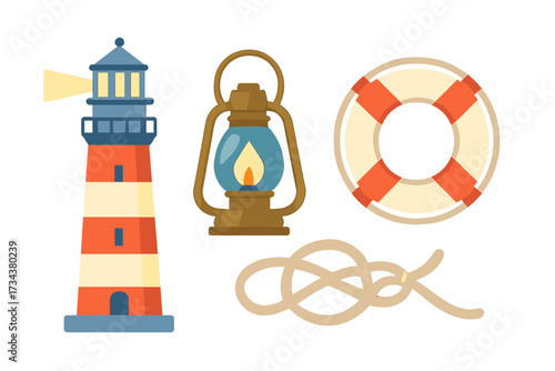 Collection of nautical marine elements featuring a striped lighthouse, old fashioned lantern, lifebuoy, and rope knot