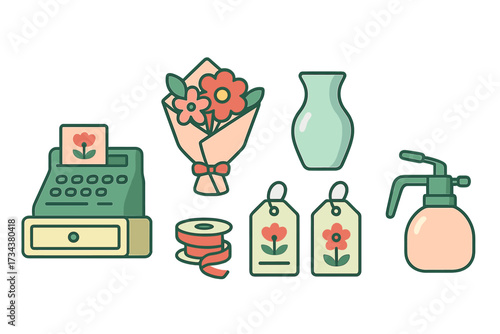 Assortment of flower shop essentials featuring a cash register, a beautiful floral bouquet, an elegant vase, a roll of ribbon, two price tags, and a spray bottle