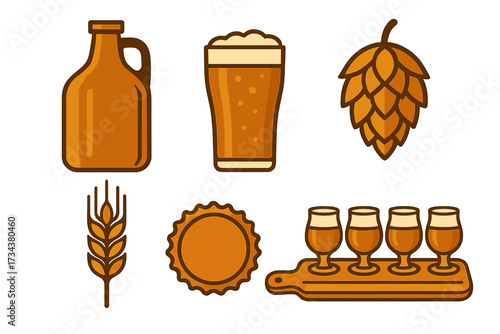 Craft beer brewing and tasting elements collection with growler, pint, hops, wheat, cap, flight