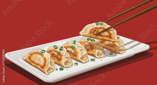 Delicious pan fried dumplings served on a white plate with chopsticks picking up one.