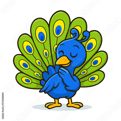 Cute cartoon peacock mascot with closed eyes