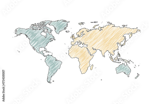 Handdrawn world map blue shading on America and Australia yellow on EurasiaAfrica