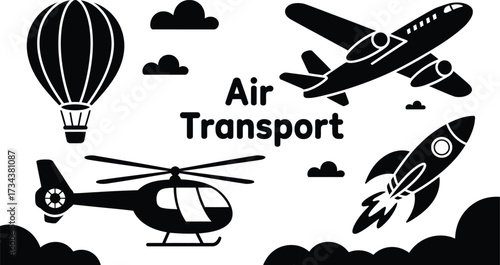 Air transport vector illustration featuring airplane helicopter rocket and hot air balloon design element