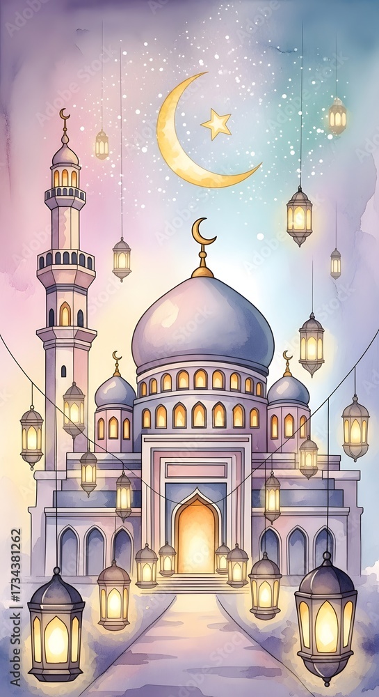Fototapeta premium Lampiony ramadanowe oświetlające meczet pod półksiężycem i gwiazdą