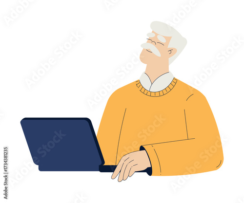 Old Man Character at Laptop Use Internet and Modern Gadget Vector Illustration