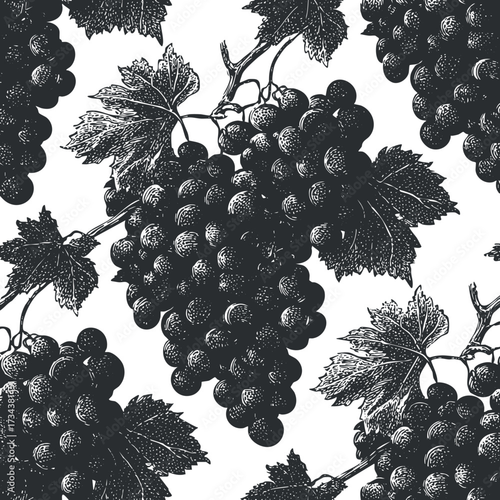Fototapeta premium A detailed black and white illustration of grape clusters and leaves creating a repeating pattern..
