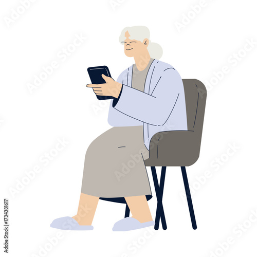 Old Woman Character with Tablet Use Internet and Modern Gadget Vector Illustration