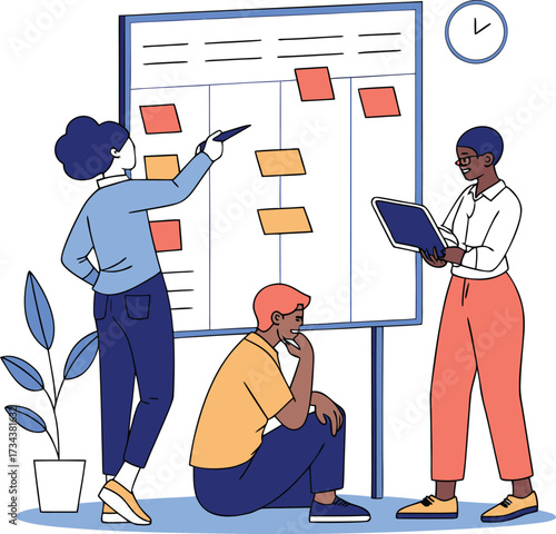 Diverse team collaborating on a project using a kanban board for agile planning and workflow management strategy