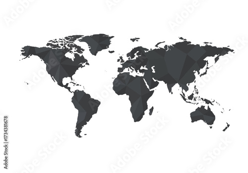 Polygonal world map in grayscale continents outlined with triangular facets on a white background