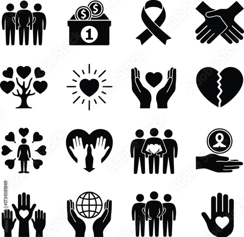 Charity and donation icons set vector design for fundraising and support causes with heart symbols