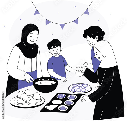 Muslim family preparing food together for a celebration