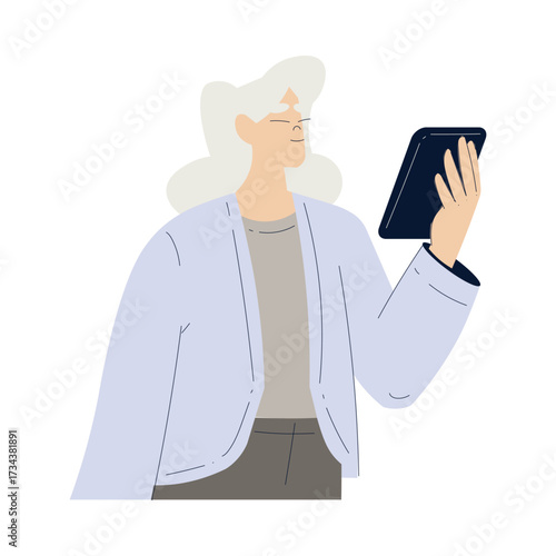 Old Woman Character with Tablet Use Internet and Modern Gadget Vector Illustration