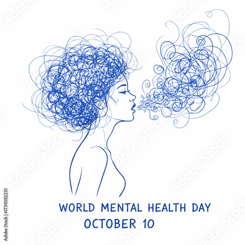 Confused thoughts in the head exhale through the lips — World Mental Health Day, October 10, conceptual vector art.

