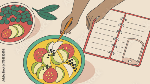 Overhead shot of a person preparing a healthy fruit salad with a recipe book, showcasing a vibrant and nutritious meal preparation process