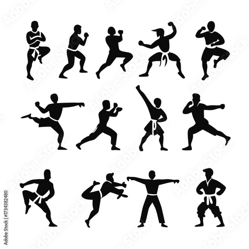 Many male silhouettes with belts show martial arts stances and movements on a white background
