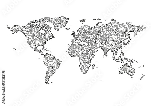World map composed of intricate swirling lines in black and white