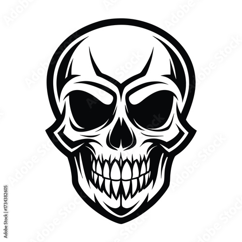 Menacing human skull with black lines, featuring sharp teeth isolated on white