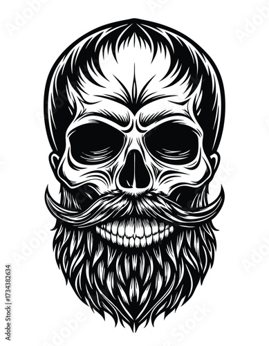 Monochromatic skull art shows intricate line work that forms a mustache and beard