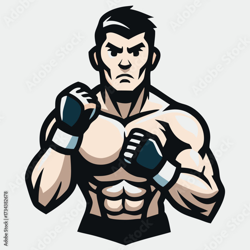 Muscular fighter with determined look stands poised to strike while wearing boxing gloves for protection