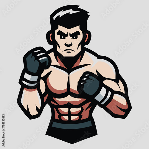 Muscular man wearing boxing gloves and a belt strikes a fighting pose confidently