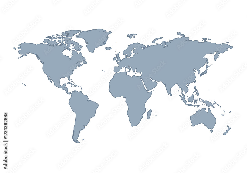 Obraz premium World map outline in grey showing continents and islands on a white background