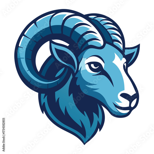 Majestic blue ram head boldly stares forward with its impressive, spiraling horns displayed