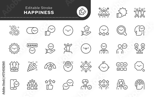 Happiness line icon set. Happy, smile, funny, joyful, positive emotions and thoughts, fun, laughter, joy, optimism and more. Outline icon in linear style. Vector collection.	