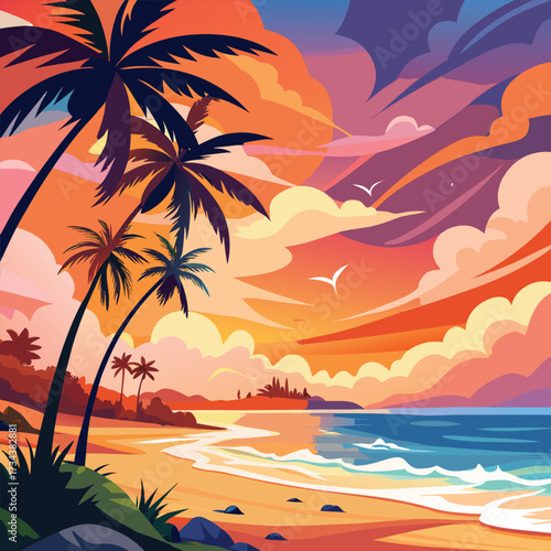 Magical sunset horizon at tropical beach with colorful clouds and calm sea waves illustration