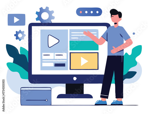 Man illustrates media presentation, pointing toward the screen with play button icons and gears