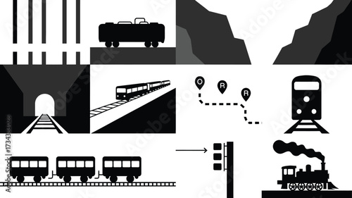 Train transportation vector illustration icons set railway travel journey railroad public transportation 100