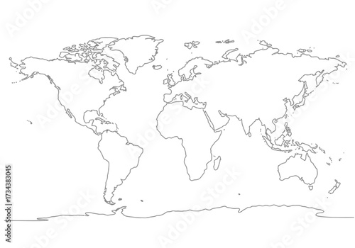 World map outline showing continents  Antarctica in gray lines on a white background