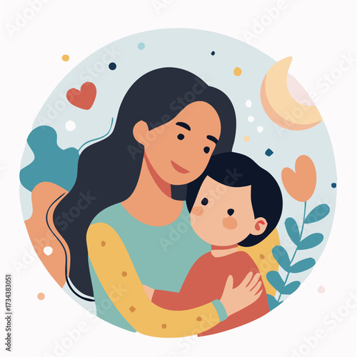 Mother embraces her child within a colorful circular backdrop filled with heart and flora shapes