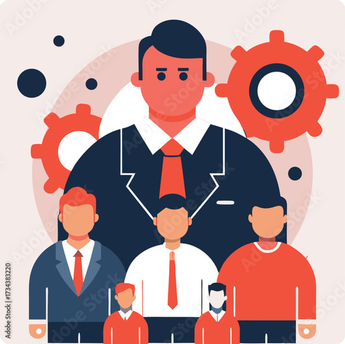 Manager oversees his diverse team with gears behind them in the office environment