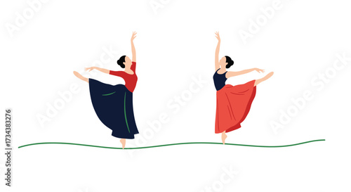 Two graceful dancers performing an elegant ballet pose on a stage.