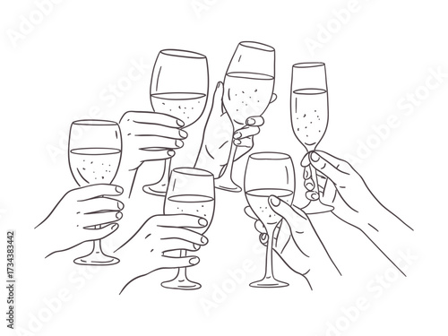 Vector set of one line hands holding wine and champagne glasses for toast. Minimalist celebration illustration for party, wedding, or festive design.