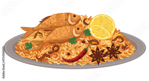 A delightful serving of fish biryani garnished with fresh lemon slices and spices.