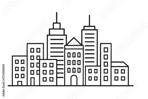 Contemporary city skyline featuring abstract architectural structures, a diverse range of modern buildings, and urban landscape elements