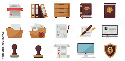 A 3x5 grid of flatstyle office and document management icons